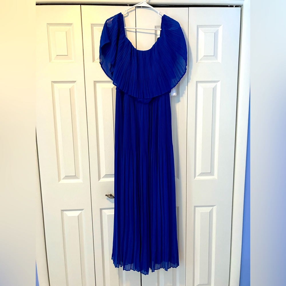 Electric Blue Premier Amour Off-the-shoulder accordion maxi dress-NWT-Size 14